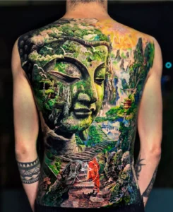 Realistic Buddha full back by collaboration between Victor Vu and NT Duy at Torch INK studio