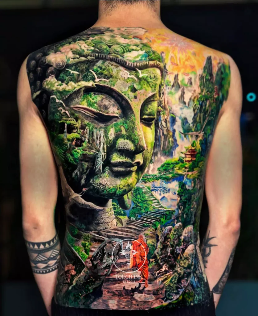 Realistic Buddha full back by collaboration between Victor Vu and NT Duy at Torch INK studio