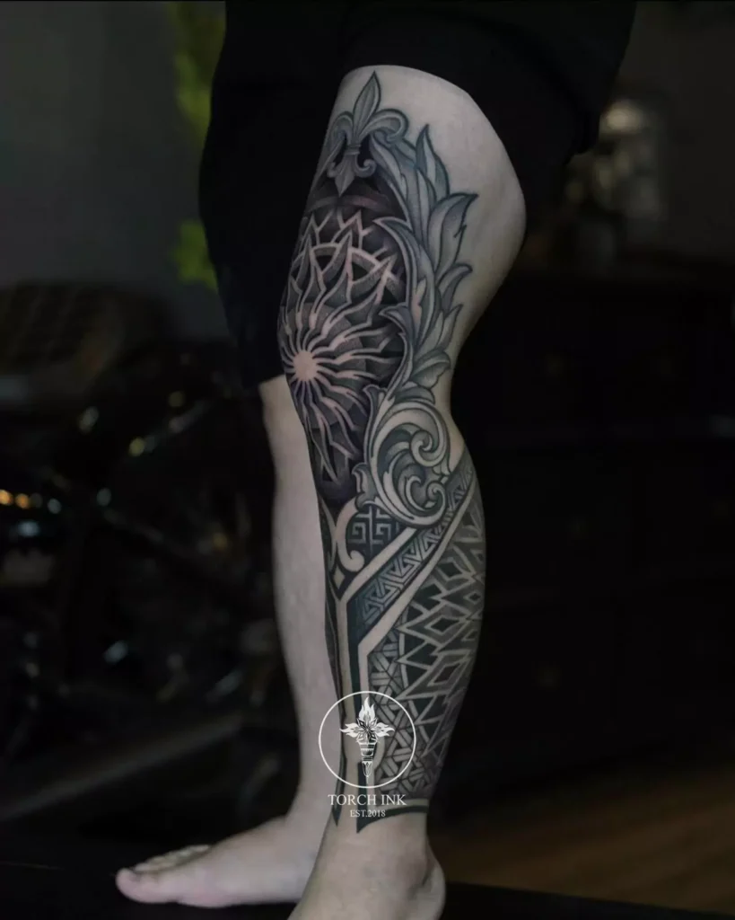 Mandala Geometric tattoo on full leg