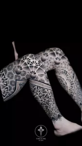 Ornamental Geometric tattoo on leg by artist Tang Le TorchINK